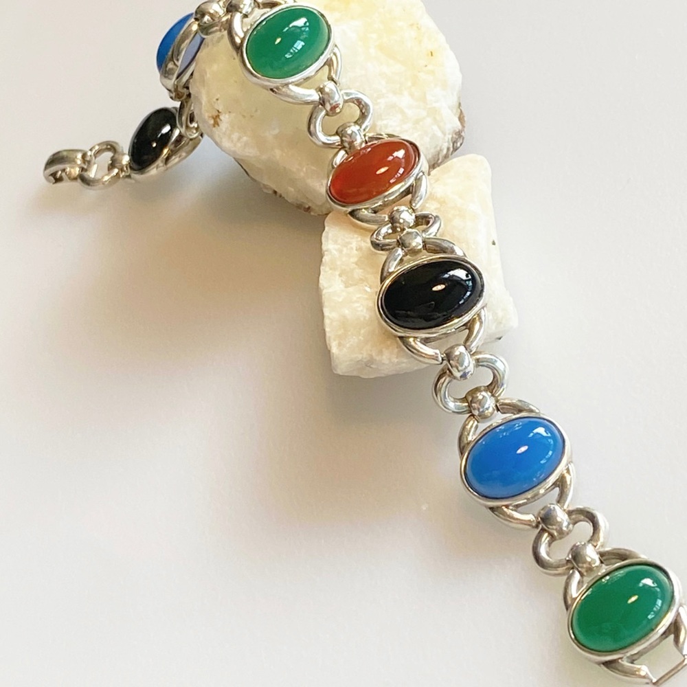 VTG-Sterling Silver 925 Multi Color Onyx, Carnelian & Chalcedony Link Bracelet - Picture 4 of 14